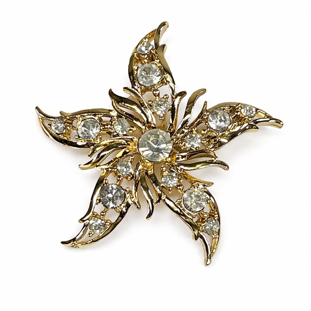 Vintage Gold Tone Starburst Rhinestone Brooch Pin Clear Crystal Star Flower 2"